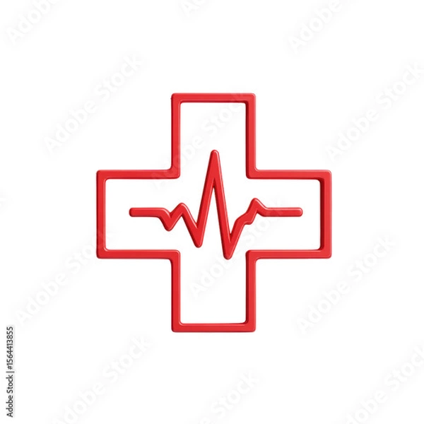 Obraz Vibrant Red 3D Medical Cross Graphic with Electrocardiogram Line on Transparent Background