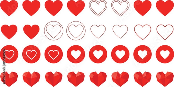 Fototapeta Different styles of red heart icons arranged in rows on white background