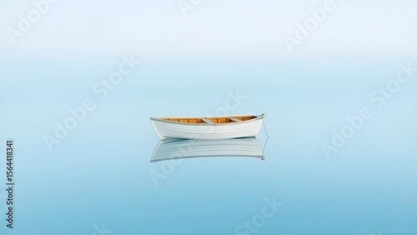 Fototapeta Single White Boat Floating on Still Blue Water with Clear Reflection