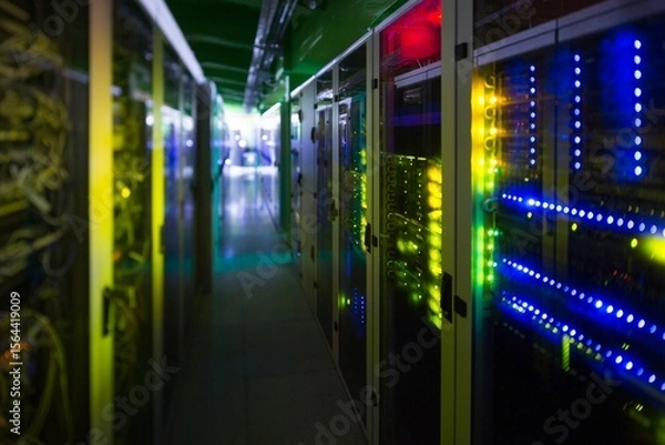 Fototapeta Server rack on right side is showing blinking LED panels in flat design corridor under cables