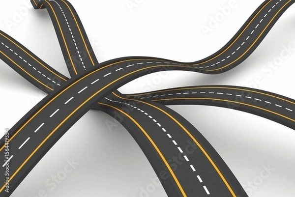 Fototapeta Flat design asphalt road network is weaving on white plane with dashed lines and yellow edges