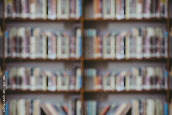 Obraz Blurred wooden bookshelf is being shown in flat design library, with rows of colorful book spines