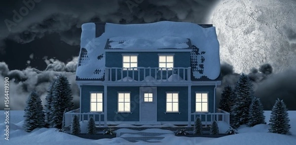 Obraz Moon lighting house coated of snow