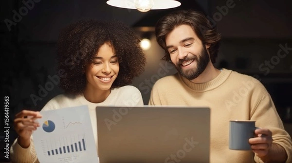 Fototapeta Teamwork and partnership in personal finance, as a smiling man and woman collaboratively review their expenses online, feeling empowered and in control.