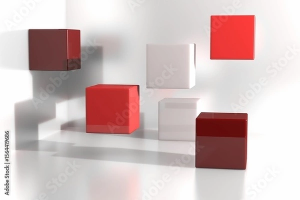 Fototapeta Six glossy red, white cubes are floating in minimalist 3D render studio space casting soft shadows