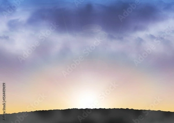 Fototapeta Flat illustration showing sunrise casting glow over hill silhouettes with clouds and rays