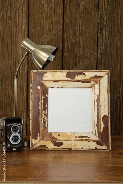 Fototapeta Photo frame, camera and table lamp on table