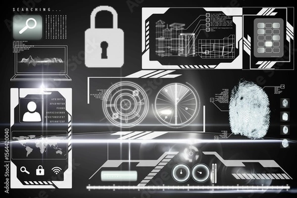 Obraz Fingerprint scan is glowing in flat UI design with magnifying glass padlock laptop radar charts