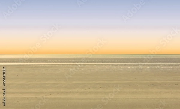 Fototapeta Flat design is showing expansive sandy shore extending toward calm sea under pastel gradient sky