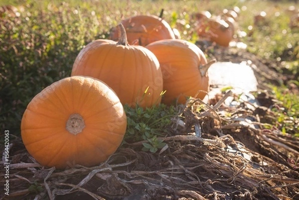 Fototapeta flat design pumpkin patch illustration is showing bright orange pumpkins on dried vines and soil