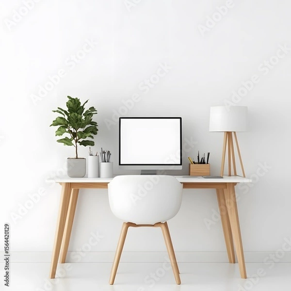 Fototapeta Modern Workspace with Minimalist Desk and Green Plant Decoration