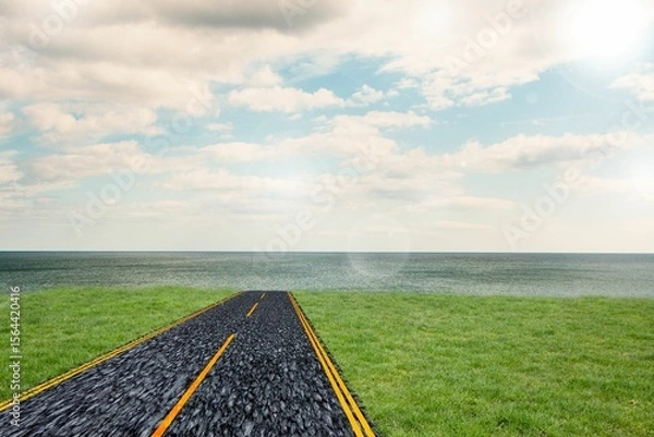 Fototapeta Paved two lane road is stretching toward sea in flat design scene, highlighting green grass fields