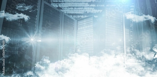 Fototapeta Server racks are standing in flat design scene with semi transparent clouds and binary code overlay