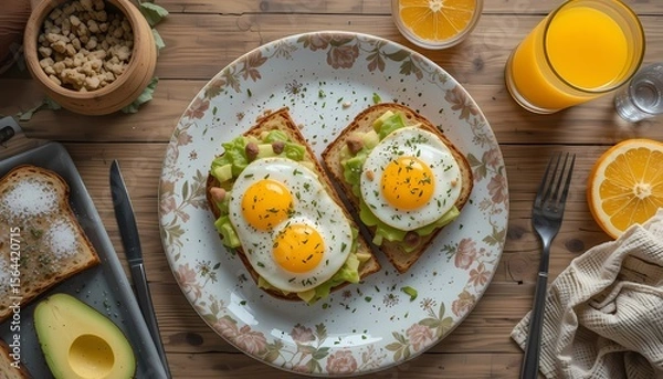Fototapeta Flatlay of Brunch Table with Avocado Toast, Fried Eggs, and Orange Juice