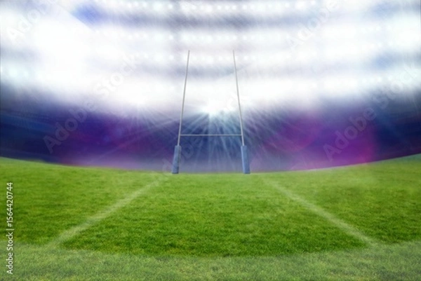 Fototapeta Flat vector H-shaped goal post is standing on turf, white lines under stadium lights, copy space