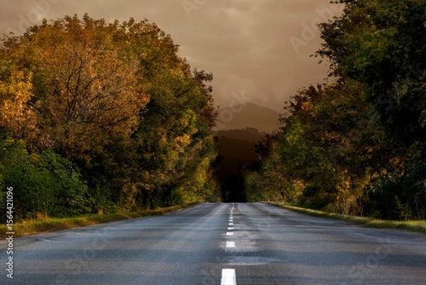 Fototapeta Flat design showing two-lane road leading to misty mountain below clouds flanked by autumn trees