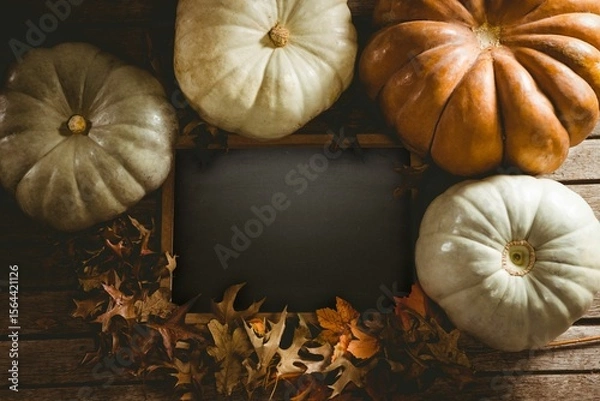 Obraz Diverse pumpkin surround black screen and leaf