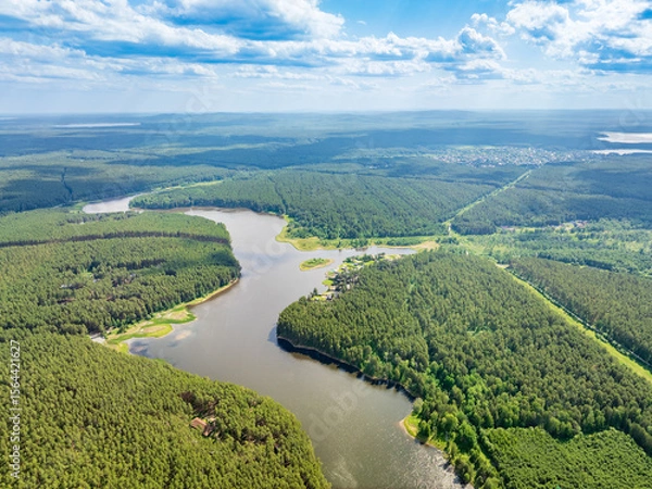 Obraz Aerial view of lake or river green shore with forest. Summer season.