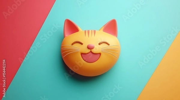 Obraz Happy feline face graces a colorful, diagonally split background, radiating joy and playful charm in a modern design.