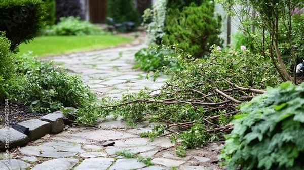Obraz Garden pathway adorned with scattered branches and fresh cuttings after some pruning and yard work.
