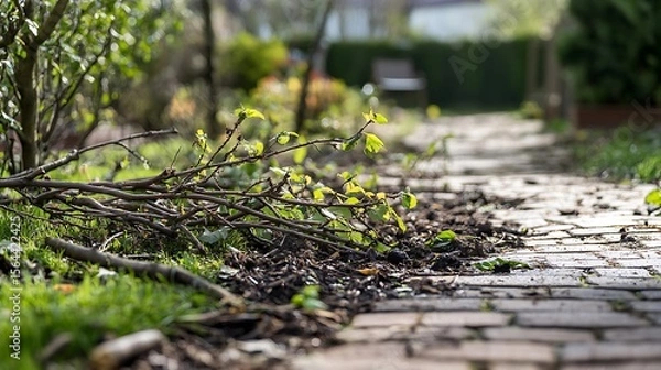 Obraz Serene garden path with fresh green growth along a brick walkway during springtime, a peaceful outdoor scene.
