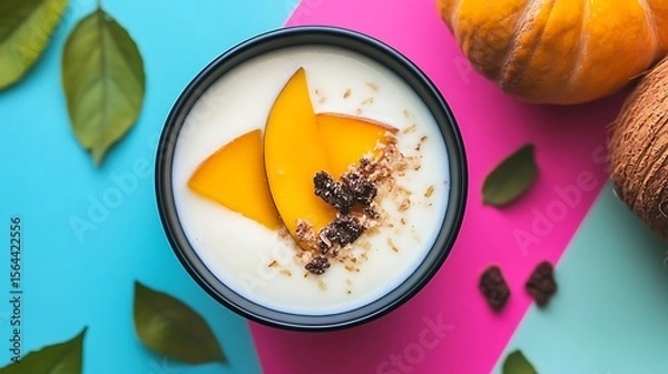 Obraz Fresh mango smoothie served in a bowl with colorful background displays a healthy and vibrant tropical fruit delight