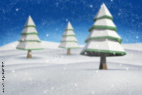 Obraz Flat design pine tree is standing on rolling snowdrift under deep blue sky with falling snowflakes