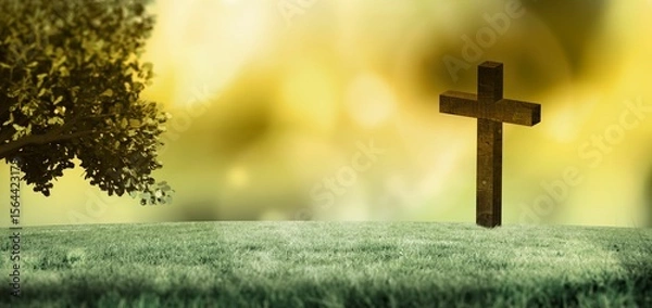 Fototapeta Flat design illustration is showing grassy hill with wooden cross and leafy tree under golden bokeh