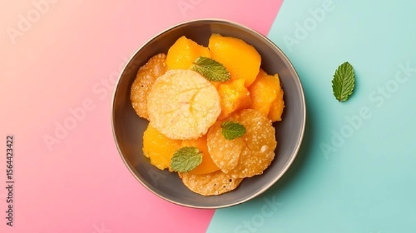 Obraz A vibrant bowl of mango and puri dessert, topped with fresh mint leaves, on a colorful pink and turquoise background
