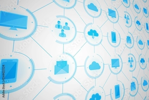 Fototapeta Flat design network is showing dotted lines linking cloud email monitor smartphone and user icons