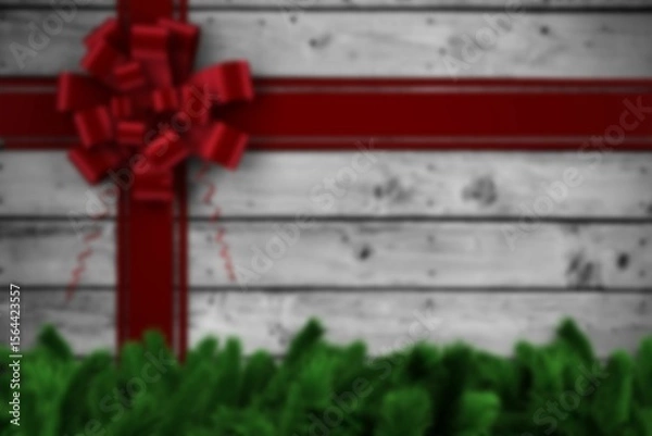 Fototapeta Flat design depicting whitewashed wooden planks wrapped with red ribbon and pine branch garland