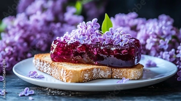 Obraz Delicious toast with purple plum jam adorned with delicate lilac blossoms for a delightful treat