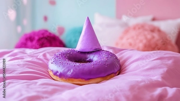 Obraz Festive purple donut with a party hat rests on a pink bed, creating a whimsical and joyful still life scene with colorful decor.