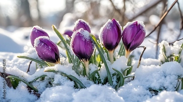 Obraz Purple crocuses peek through fresh snow in a winter garden scene, signaling the arrival of spring
