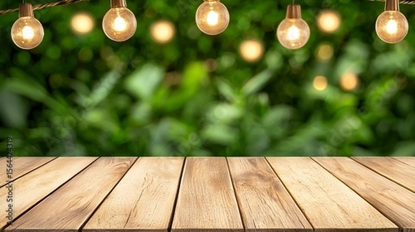 Fototapeta Wooden Table Top With String Lights And Blurred Green Foliage Background