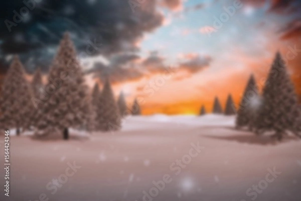 Obraz Flat design winter scene is showing snowy pine trees with falling snowflakes under sunset clouds
