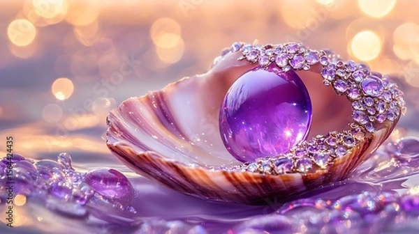 Obraz Luxurious seashell adorns a luminous purple pearl, complemented by shimmering droplets and a soft bokeh background creating an enchanting ambiance.