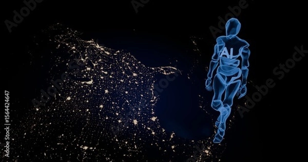 Fototapeta an abstract robot walks across the planet, the concept of promoting an AI system