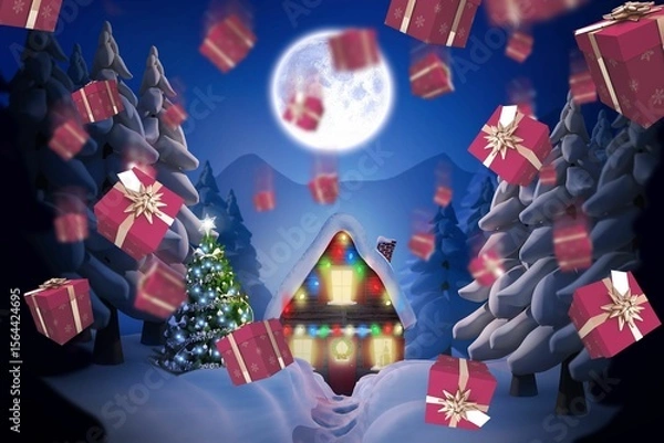 Obraz Flat design illustration is showing winter night with snowy cabin, Christmas tree, moon, gift boxes