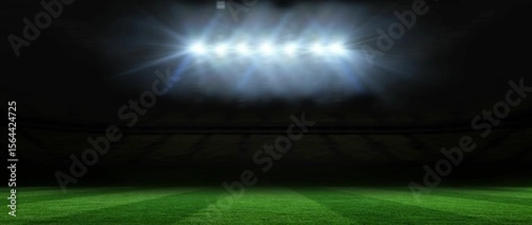 Fototapeta Flat vector illustration showing stadium floodlights lighting grass field and seating at night