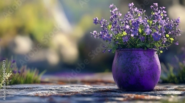 Obraz Vibrant violet blooms cascade from a rustic pot, creating a tranquil garden aesthetic with soft, diffused light and inviting charm.