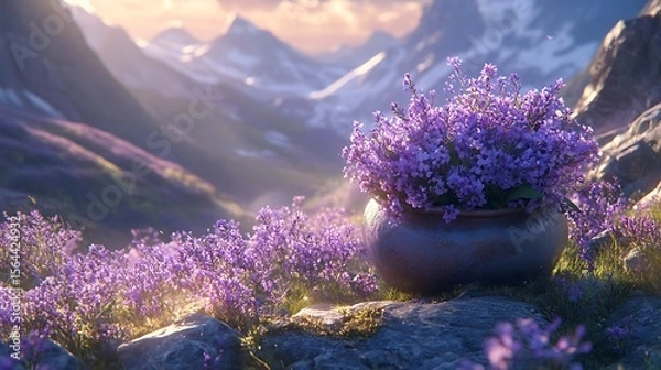 Obraz Tranquil mountain landscape showcases lavender blooms, with snow-capped peaks in the background offering a peaceful alpine scene.