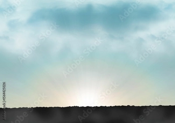 Fototapeta Flat design capturing sun rising over silhouette, casting radial beams across dawn sky with clouds