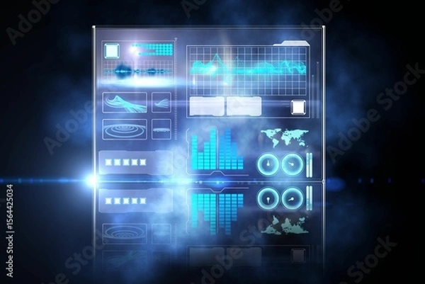 Fototapeta Displaying holographic data panel floating over blue void with glowing charts, map, circular dials