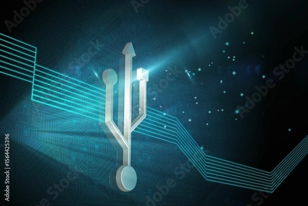 Obraz 3D USB icon is floating in virtual circuit board environment, featuring neon blue circuit traces