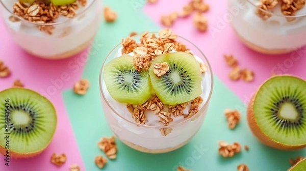 Obraz Delightful kiwi granola parfaits present a healthy and delicious breakfast or dessert option, perfect for a refreshing treat.