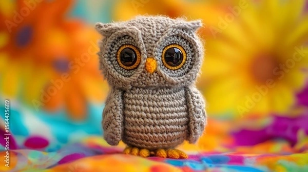 Obraz Adorable handcrafted owl figurine sits against a vibrant backdrop of floral artistry and bright color play.