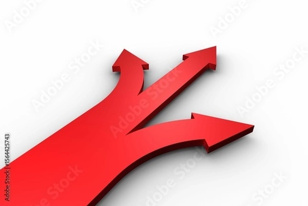 Fototapeta Red arrow is branching into three arrows in conceptual 3D render on white background, copy space