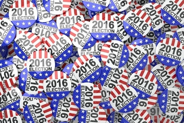 Fototapeta Flat style scattering of 2016 election buttons on flat surface, showing red stripes and blue stars