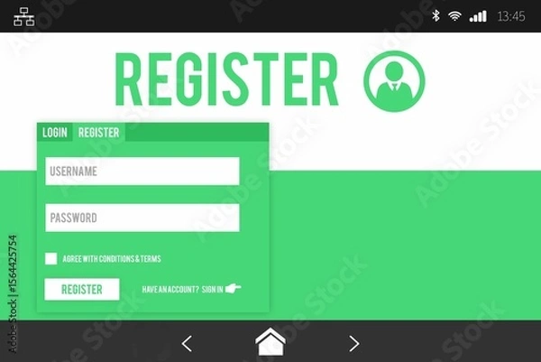 Obraz Displaying registration interface on smartphone with flat design green panel, form fields, icons
